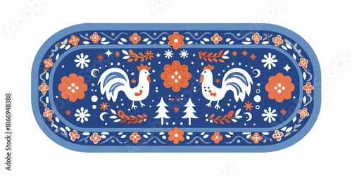 An oval rug featuring two white roosters and floral decorations in blue