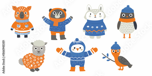 Cute cartoon animals wearing winter clothes llama sheep penguin and owl