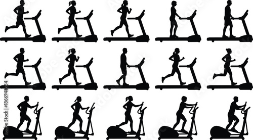Cardio exercise icon set, treadmill running, elliptical training, fitness silhouettes, gym workout, black vector graphics, health theme