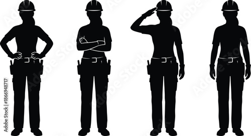 Construction worker icon set, hard hat, tool belt, standing poses, salute, arms crossed, black silhouette vector graphics