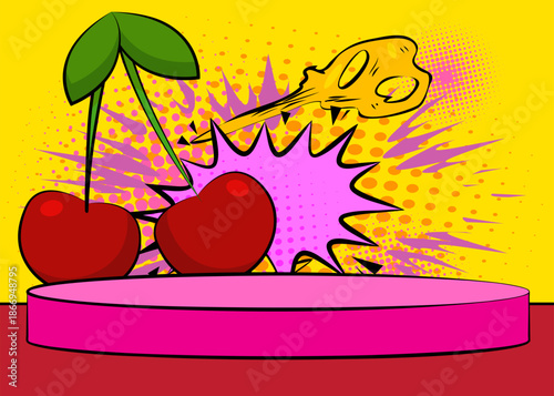 Comic Book Product podium stage for mockup presentation with Cherry. Retro comics background.