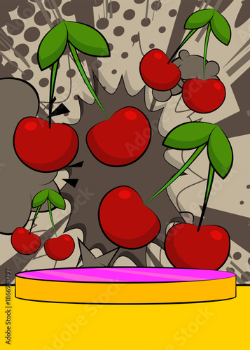 Comic Book Product podium stage for mockup presentation with Cherry. Retro comics background.