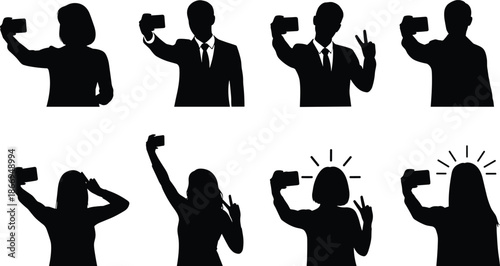 People taking selfies silhouettes set showing men and women holding smartphones with different gestures isolated on white background for social media design
