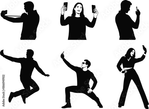 People taking selfies silhouettes set showing men and women using smartphones in different poses isolated on white background for social media design