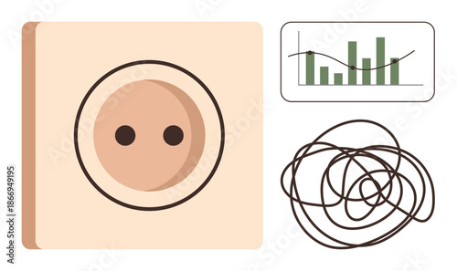 Energy efficiency, power management, electricity usage, data analytics, resource optimization, utility concepts. Electrical outlet, graph tangled wires. Energy efficiency and electricity usage