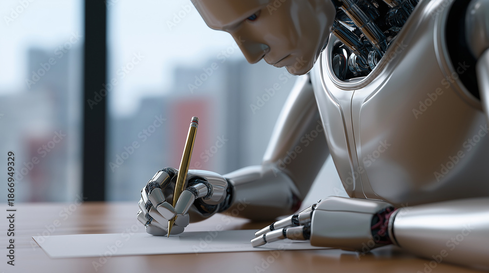 Obraz premium Humanoid robot writing with a pen at a desk, symbolizing artificial intelligence performing human-like tasks. 