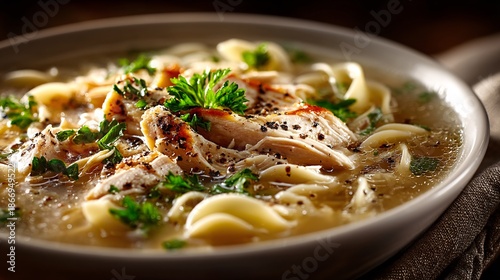 Delicious Chicken Noodle Soup in Bowl Garnished with Fresh Herbs