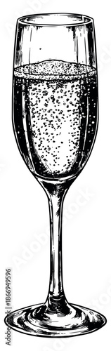 Hand drawn line art illustration of a champagne flute depicting sparkling wine with bubbles for celebration