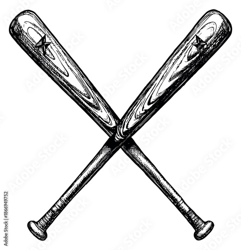 Hand drawn line art illustration of baseball bats depicting crossed sporting equipment for sports design