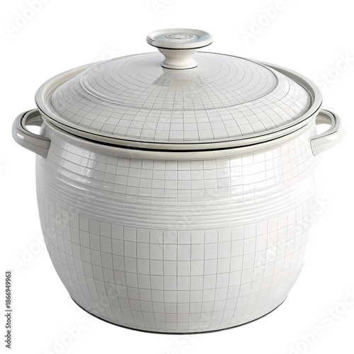 Large White Ceramic Pot with Grid Pattern Design and Lid for Kitchen Cooking Isolated