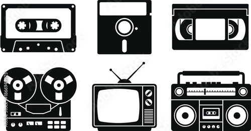 Retro technology icon set, vintage media devices, cassette, floppy disk, VHS, boombox, CRT TV, black vector graphics