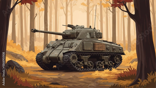 Armored Military Tank Angled View in Misty Autumn Forest – WWII Style Combat Vehicle Illustration