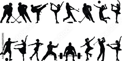 Sports silhouette illustration set, diverse athletic poses, hockey, martial arts, soccer, dance, weightlifting, black outline, isolated, vector graphic