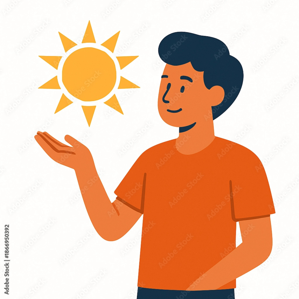 Fototapeta premium All the Feels trend: A person holding a soft, glowing sun with 'puffy' textures, immersive energy style, saturated citrus colors, multi-sensory warmth