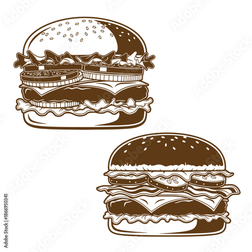 Brown line art illustration of two burgers one with sesame seed bun and another with plain bun on white background