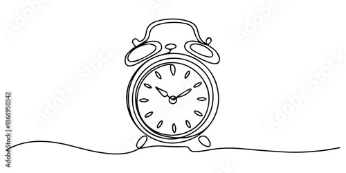 Continuous one line drawing of vintage alarm clock vector design. Single Line Drawing Alarm Clock, Time Reminder Minimalist Vector Art. Clock drawn symbol. One line art continuous icon. one line Icon 