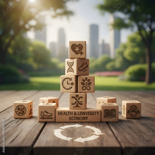 Wooden blocks form health longevity economy pyramid in park with city background