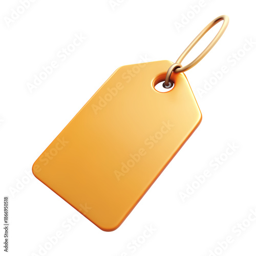 Yellow Glossy 3D Shopping Label Tag with Gold Ring Isolated on White Background