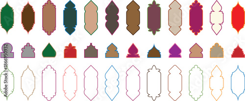 Islamic shape of door or window silhouette Arabic arch.
Vector mosque gate shape isolated on background. Vector design Set.