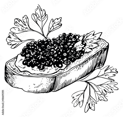 Hand drawn line art illustration of caviar toast depicting a gourmet appetizer for food menus