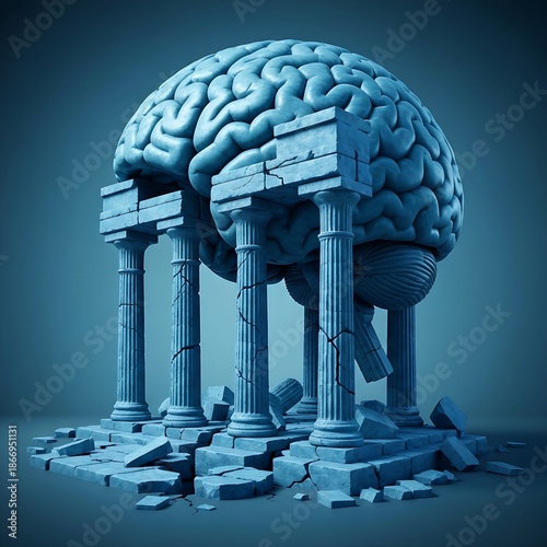 The Architectural Ruin: A realistic human brain that resembles an ancient blue stone temple, with pillars collapsing and deep cracks in the foundation.