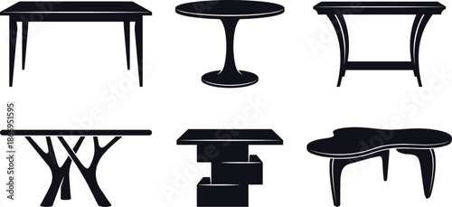 Set of table silhouettes featuring modern, classic, and organic furniture designs for interior decor, branding, icons, and vector use
