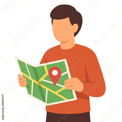 Man Reading Road Map Navigation Location Finding Illustration