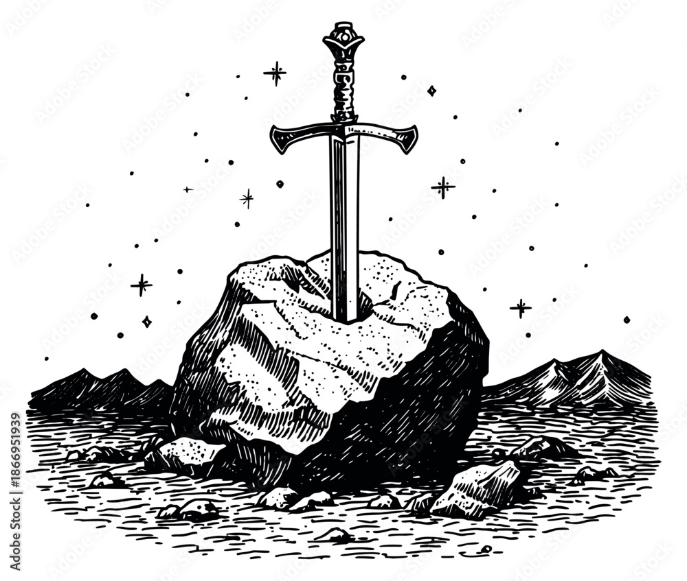 Fototapeta premium Hand drawn line art illustration of a legendary sword in a stone depicting a medieval fantasy scene for mystical tales