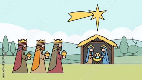 Three Wise Men following a star to the Nativity scene with baby Jesus, Mary, and Joseph in a stable.