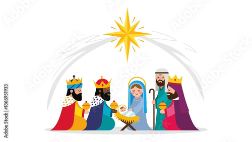 The Nativity Scene: The Three Wise Men Present Gifts to the Baby Jesus Under the Star of Bethlehem.