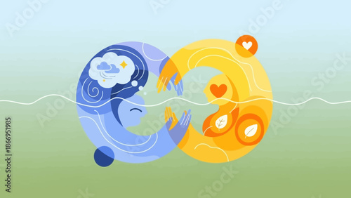 Symbolic representation of the duality of human experience, contrasting emotions, thoughts, and connections.