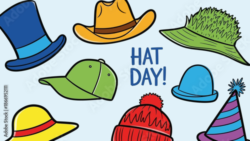 A vibrant collection of diverse hats displayed on a light blue background, celebrating 'Hat Day!'.