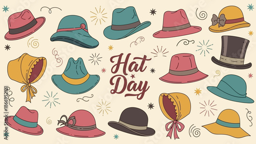 A vibrant illustration celebrating Hat Day, featuring a diverse collection of vintage and modern hats arranged artfully on a textured background.
