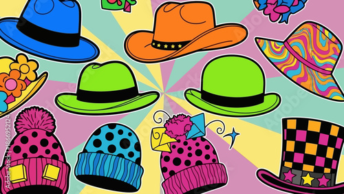 A vibrant and colorful collection of diverse hats, including fedoras, beanies, and a top hat, displayed against a psychedelic background.