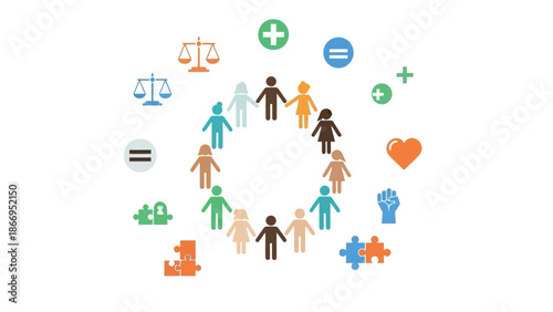 Diverse group of people holding hands in a circle, surrounded by symbols of equality, justice, community, and well-being.