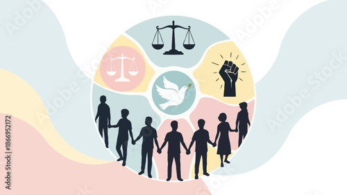 Diverse group of people holding hands around a circle symbolizing justice, peace, and human rights.