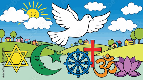 A vibrant illustration depicting various religious symbols and a dove of peace against a backdrop of a sunny sky and a village landscape.