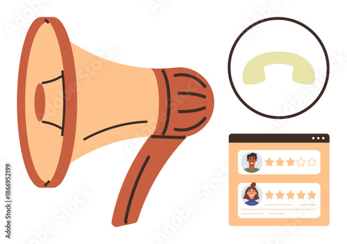 Communication, feedback systems, online reviews, marketing, customer experience, reputation management. Megaphone, phone icon and review interface . Communication and feedback systems concept