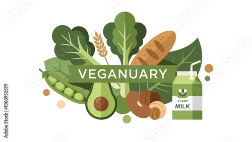 A vibrant illustration celebrating Veganuary with a variety of fresh plant-based foods and a carton of plant milk.