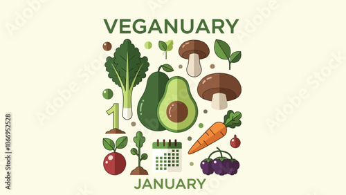 A vibrant illustration celebrating Veganuary with various fresh vegetables, fruits, and a calendar marking January 1st, set against a light cream background.
