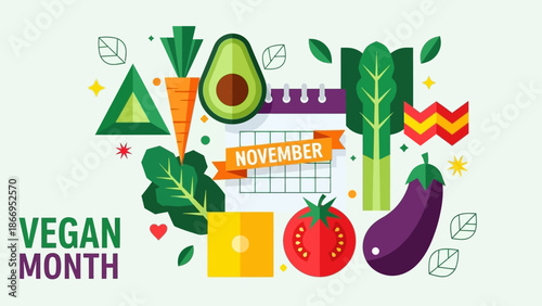 A vibrant illustration celebrating Vegan Month in November with various fresh vegetables and fruits arranged artistically.
