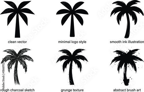 Six black palm tree silhouettes in clean vector, minimal logo, ink, charcoal sketch, grunge texture and abstract brush art styles on white background