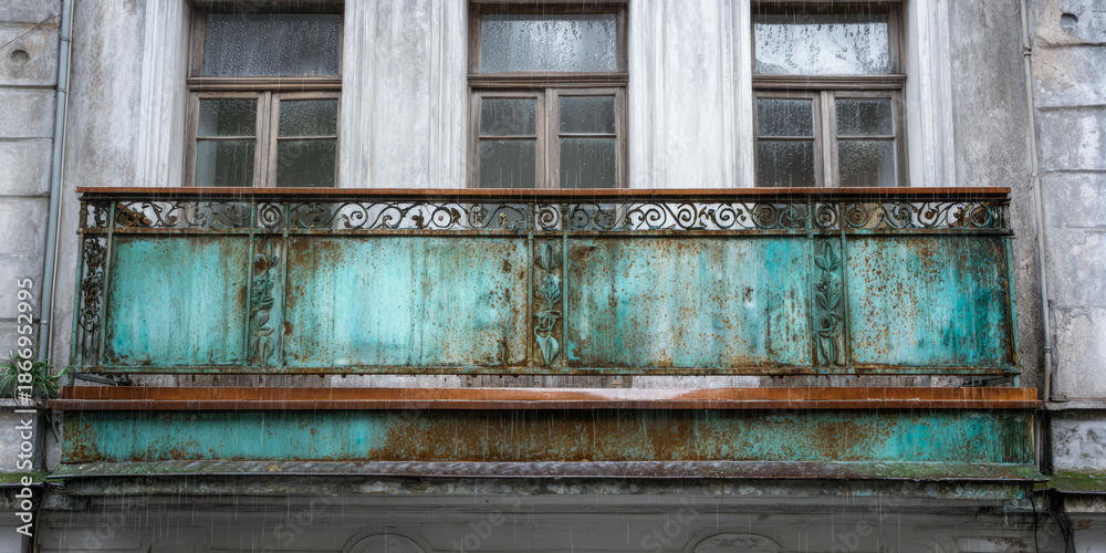 custom made wallpaper toronto digitalRusty balcony with weathered metal railing in an old building during rain, showing signs of age and wear over time