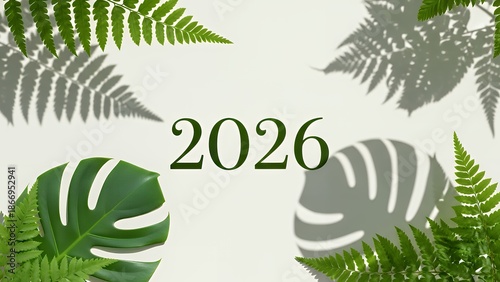 A serene arrangement of green leaves surrounding the year 2026 on a soft background viewed from directly above