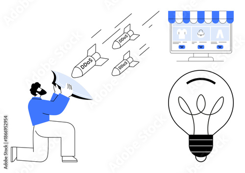 Cybersecurity, online shopping, DDoS prevention, technical innovation, digital defense, problem-solving. Person shielding an online storefront from DDoS attacks with light bulb icon. Cybersecurity