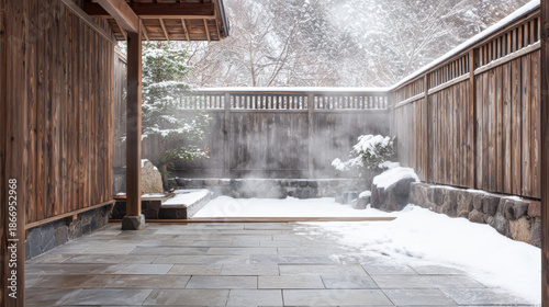 Wallpaper Mural Outdoor hot spring bath in the forest during snow in winter with steam rising from the water Torontodigital.ca