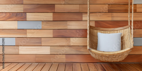 Wallpaper Mural Hanging chair with a white cushion in front of a wooden wall during daylight hours in a simple indoor setting Torontodigital.ca