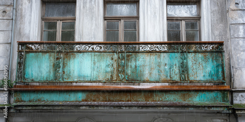 Wallpaper Mural Rusty balcony with weathered metal railing in an old building during rain, showing signs of age and wear over time Torontodigital.ca