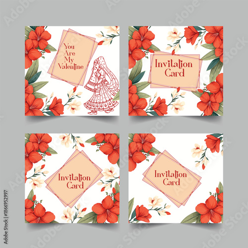 Vintage vector illustration featuring a set of decorative business cards and holiday greeting postcards adorned with floral patterns, Valentine hearts, Christmas trees, and elegant art frames