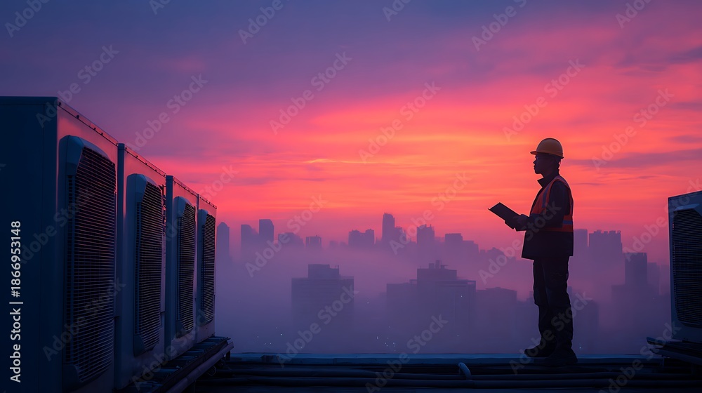 Fototapeta premium Engineer Inspecting HVAC Units At Sunrise On Rooftop.